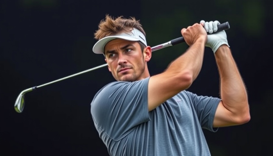 Golfer in red shirt swinging club, focused expression.