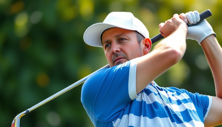 Male golfer swinging golf club with focused expression on course