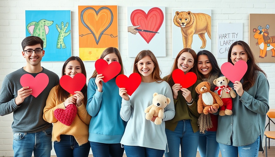 Young people at a charity event for blood cancer awareness, smiling and holding hearts.