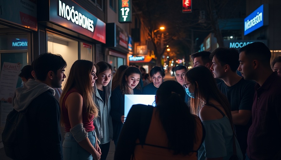 Young adults planning a light projection protest in a city at night.