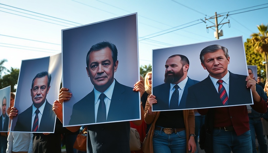 Protesters hold images expressing concern during an outdoor gathering.