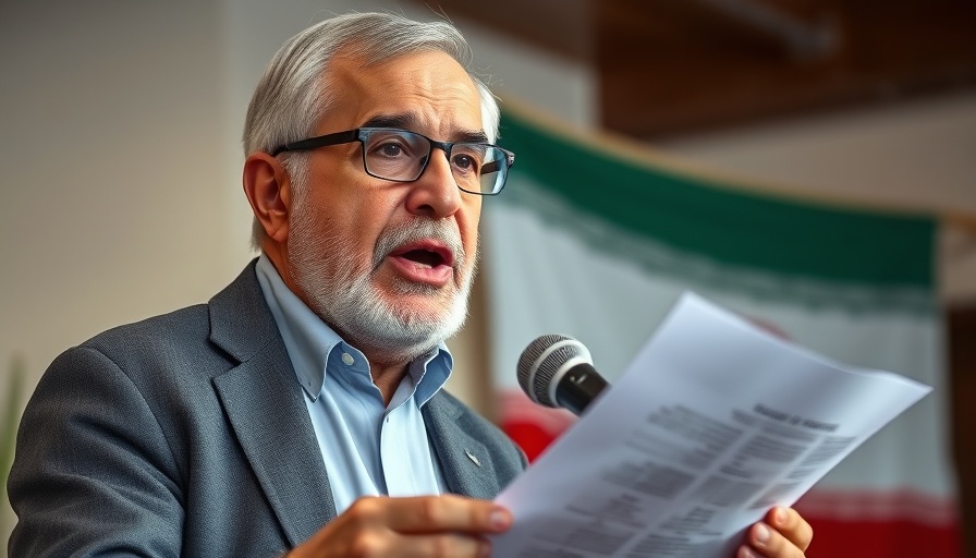 Elderly man speaking with Iranian flag backdrop