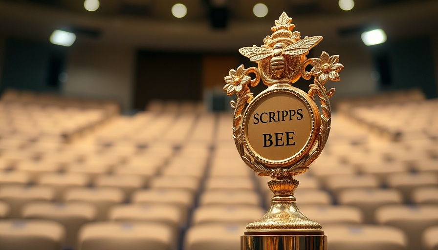 Scripps National Spelling Bee trophy on display in auditorium.
