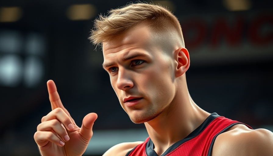 Athletic man gesturing in sports environment, high contrast.