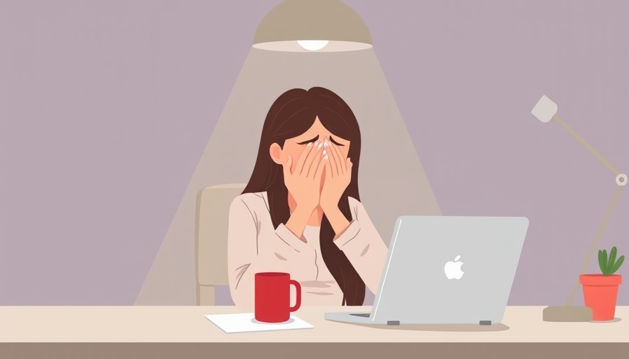 Depressed woman at desk with laptop and mug, illustrating mental health challenges.