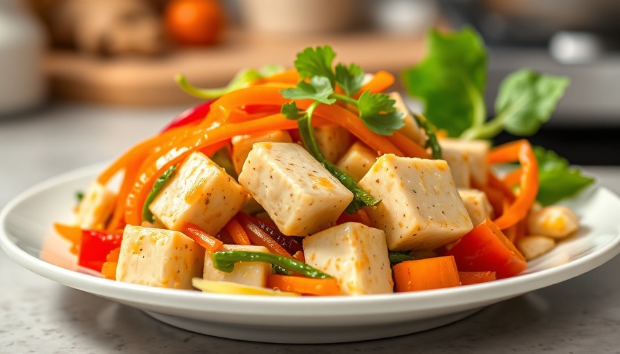One Pan Coconut Lime Tofu dish with vegetables on a white plate.