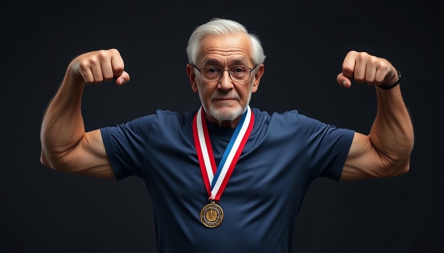 Elderly man showing fitness at any age with medals.