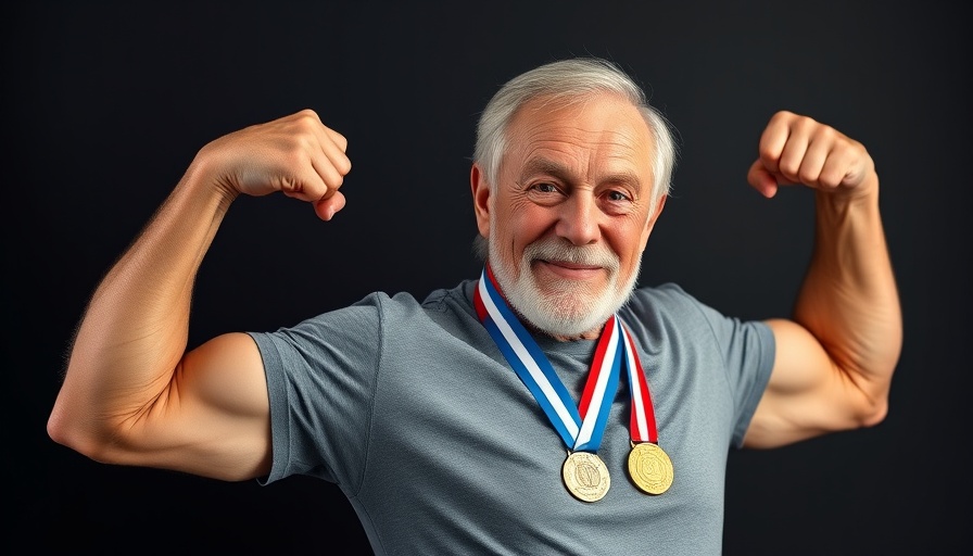 Elderly man showing medals and flexing muscles, getting fit at any age