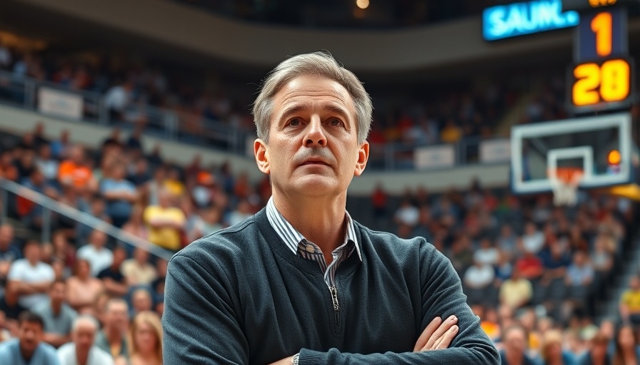 Basketball coach attentively watching game in crowded arena.