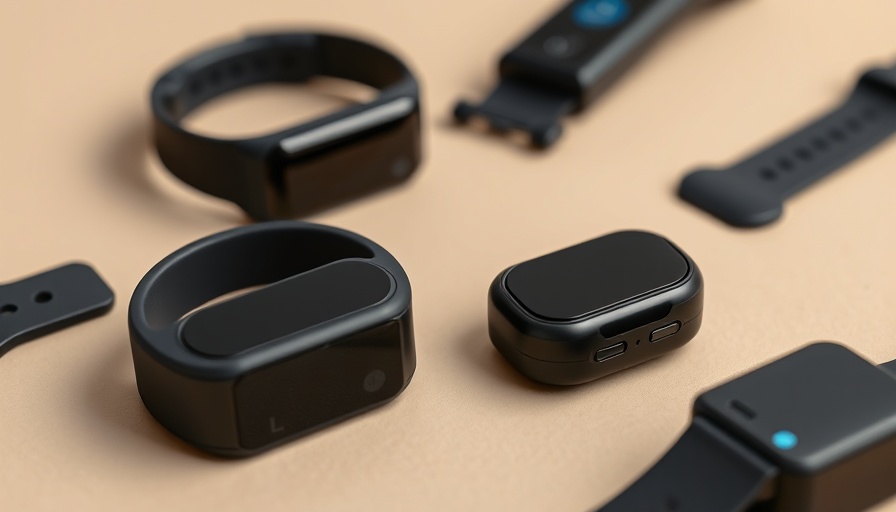 Battery-powered wearable device monitors joint pain, sleek black design on beige surface.