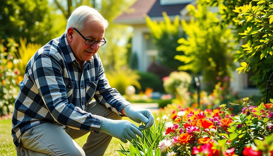 Elderly man gardening outside a suburban home.