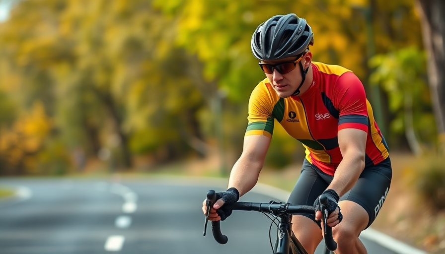 Cyclist focusing on road, knee pain while cycling, vibrant jersey.