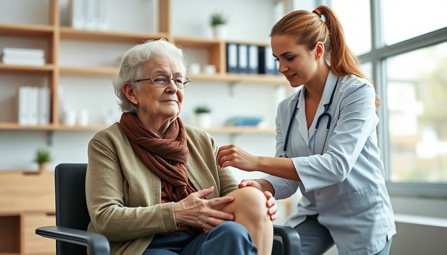 Elderly woman and therapist discussing knee pain treatment.