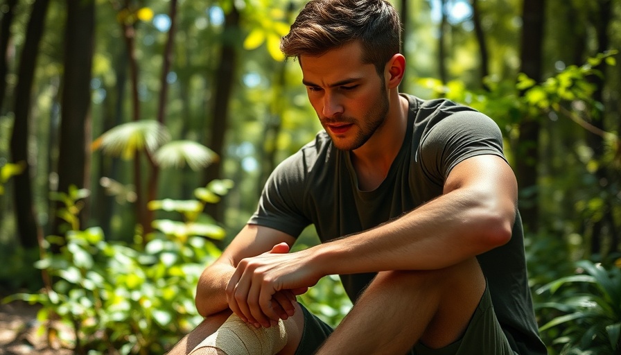 Man wrapping knee to manage joint pain in a forest setting.