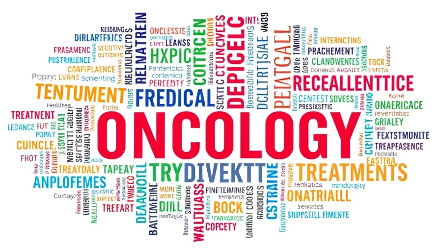 Colorful oncology word cloud highlighting treatment and diagnosis.