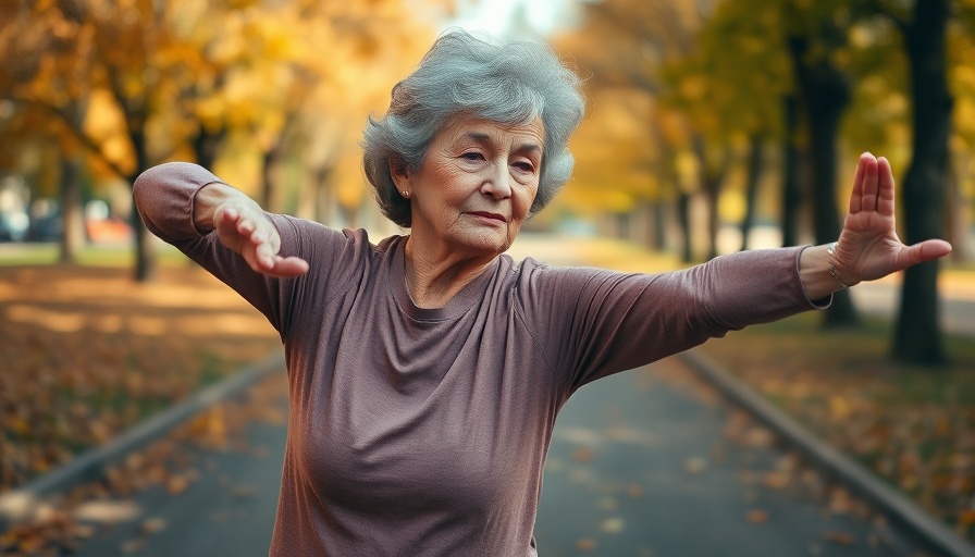 Elderly woman stretching on park path to prevent bone and joint disease.