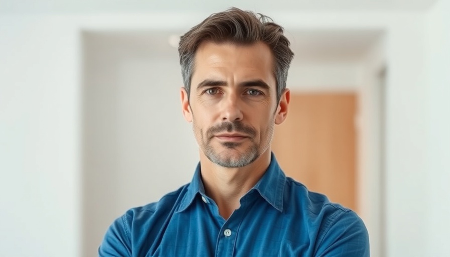 Man confidently posing in blue shirt in white room.