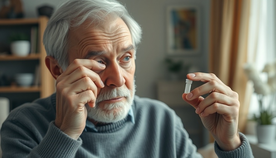 Older man applying eye drops, addressing vision care.