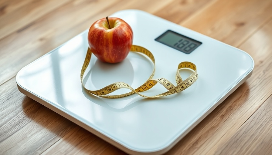 Scale with apple and measuring tape for water aerobics weight loss.