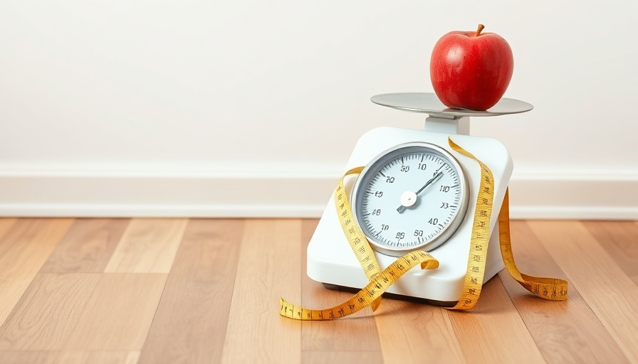Scale, apple, and tape measure on wooden floor symbolize water aerobics for weight loss.