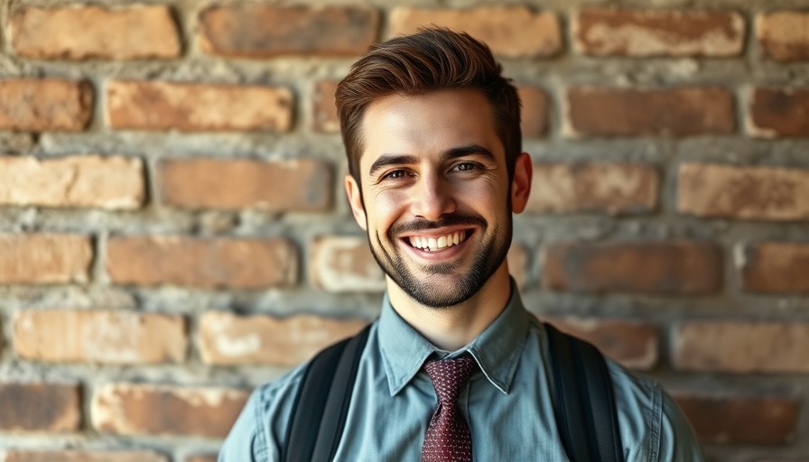 Man smiling against a brick wall on a sunny day.