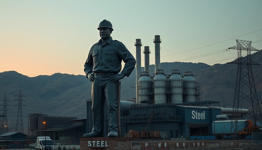 Steelworker statue at industrial plant representing steel and aluminum tariffs.