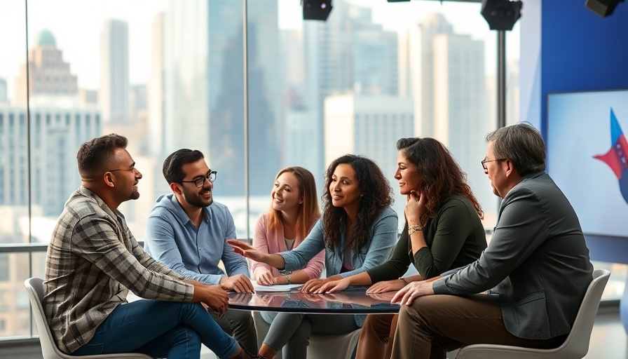 Group discussion panel in modern studio with cityscape backdrop.