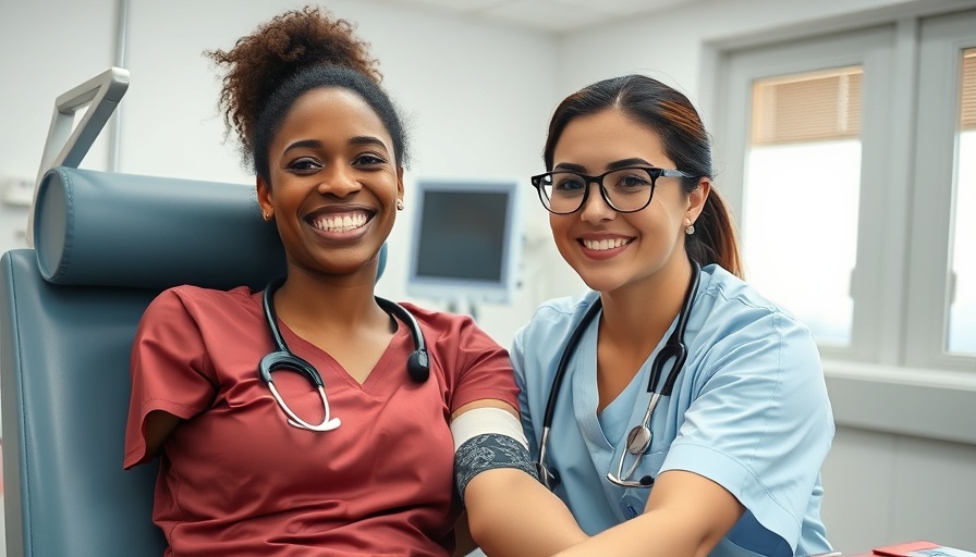 Donate for Hope blood drive with cheerful donor and nurse in clinic.