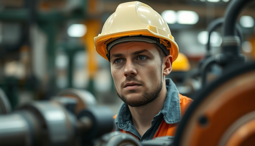Male worker wearing safety gear inspecting machinery for workplace eye safety.
