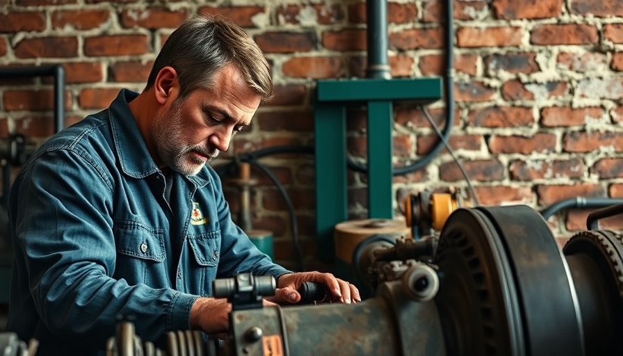 Men repairing equipment in industrial area, affordable housing energy costs setting.