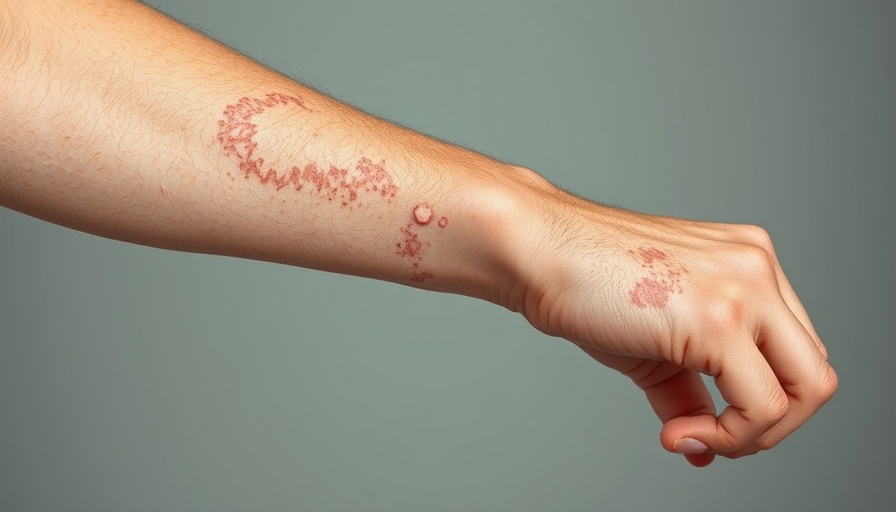 Close-up of psoriasis on arm highlighting skin texture.