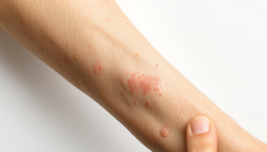 Close-up of psoriasis on an arm, highlighting skin condition.