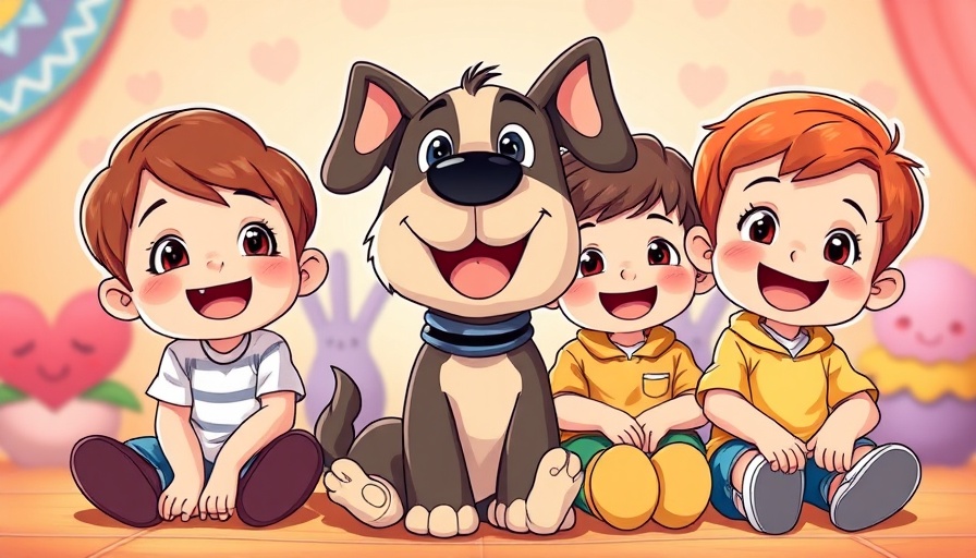 Cartoon of Dolly, Big Boy's sidekick, and a dog in colorful scene.