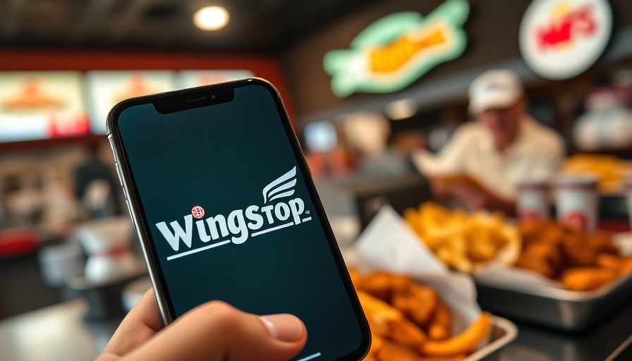 Wingstop logo on phone screen with blurred restaurant backdrop.