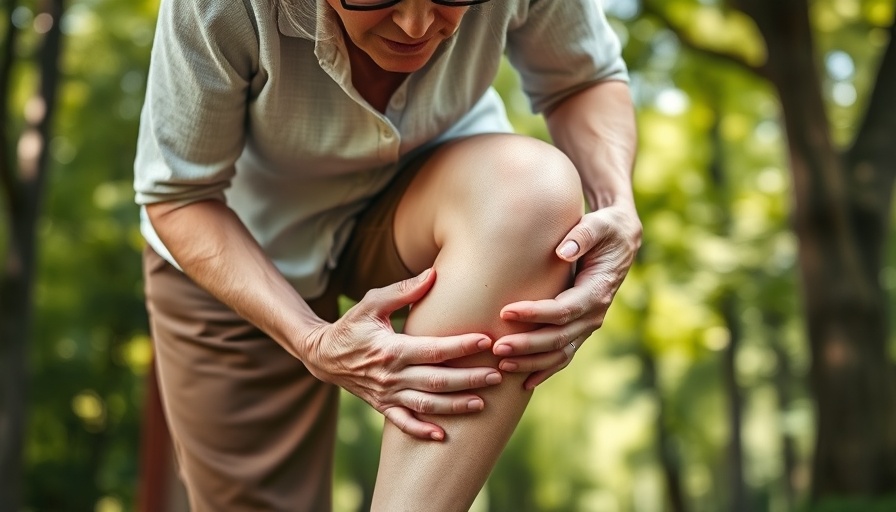 Elderly woman experiencing knee pain outdoors, knee and hip pain event.