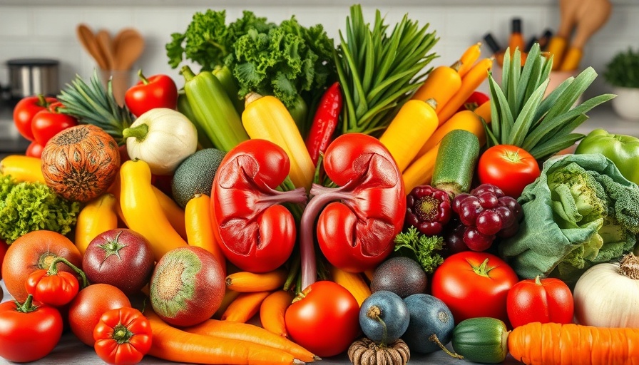 Low-protein diet foods with kidney illustration in center.