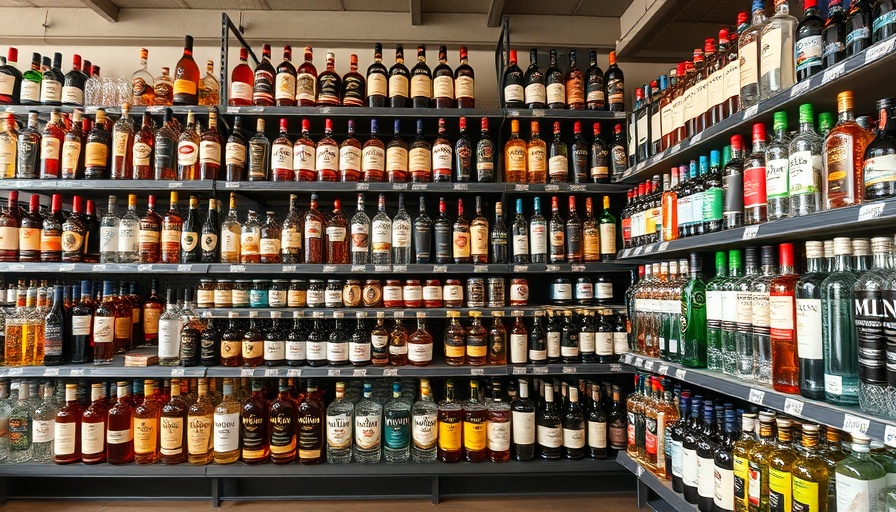 Liquor store shelves filled with EU alcohol brands, potential tariff impact.