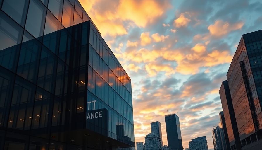 Office building with glass facade at dusk reflecting sky.