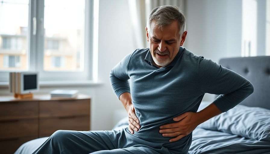 Man with chronic low back pain sitting on bed, in pain.