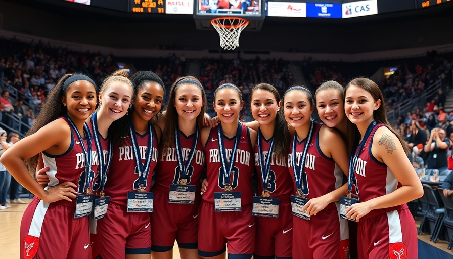 Princeton girls basketball team runner-up posing with medals in an arena.