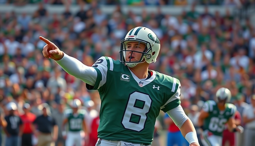 Quarterback in green jersey pointing during a game, focus on action.