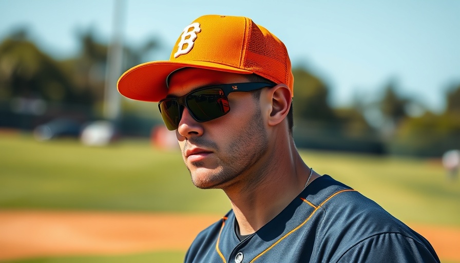 Focused baseball player on field, sunglasses and orange cap.