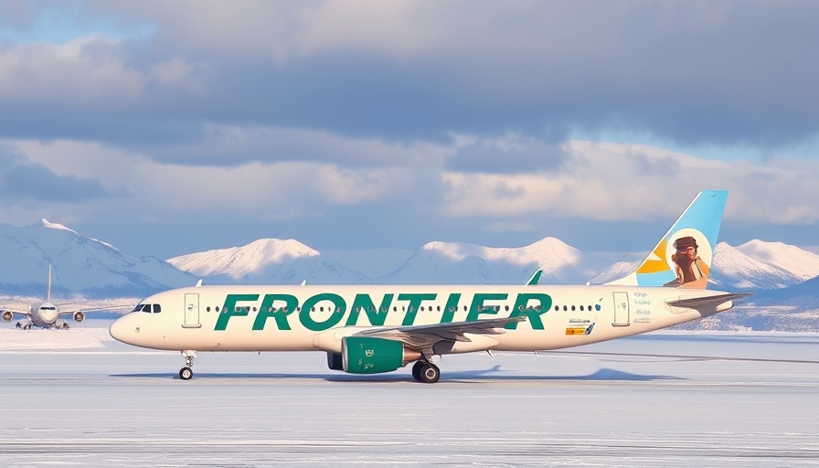 Frontier Airlines airplane on snowy runway, mountains in background.