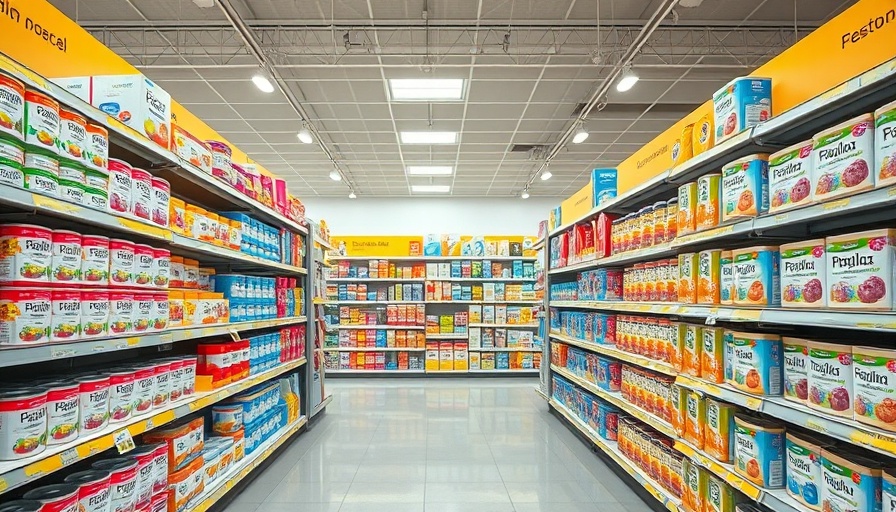 A store aisle with baby formula products under bright lighting.