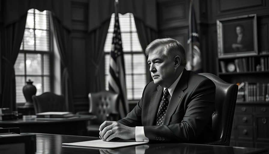 Black and white photo of a man at a desk, vintage office.