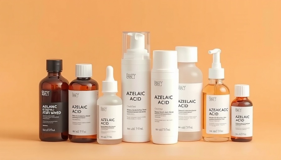 Skincare products featuring Azelaic Acid for acne treatment against a brown backdrop.