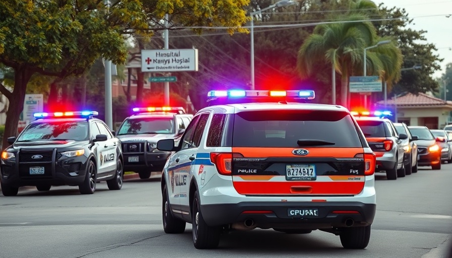 Emergency alert and police vehicles at Michigan hospital.