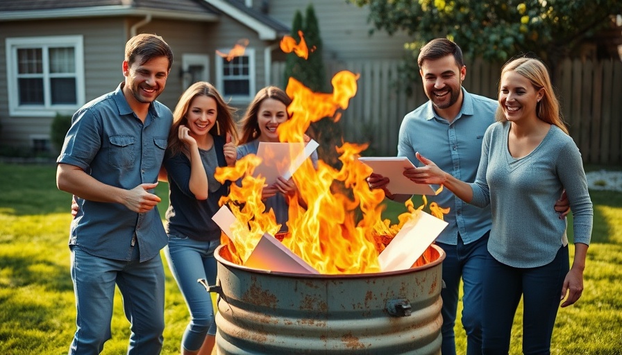 Family celebrating paying off mortgage by burning documents in backyard