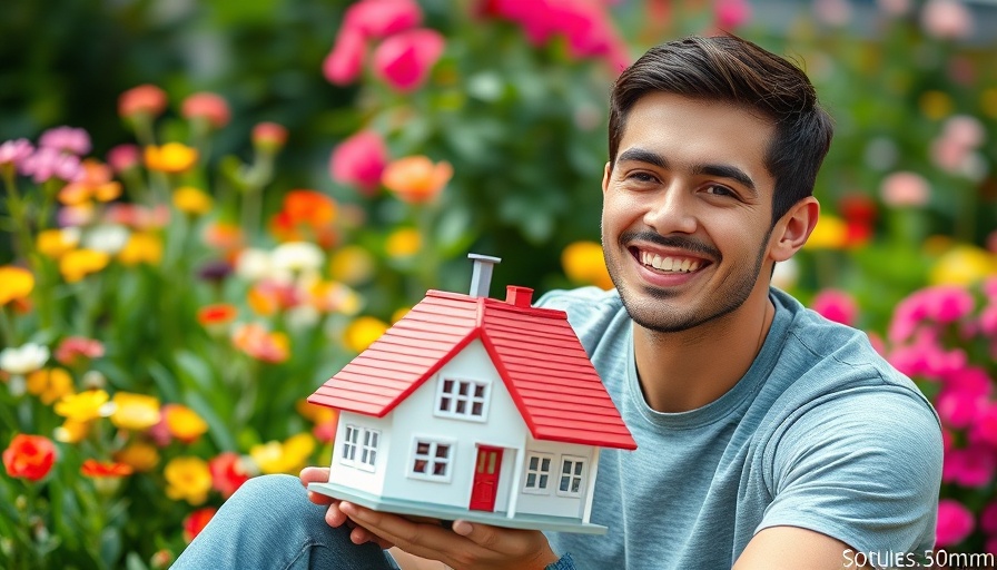 Smiling young man enjoying paid-off home benefits in a garden