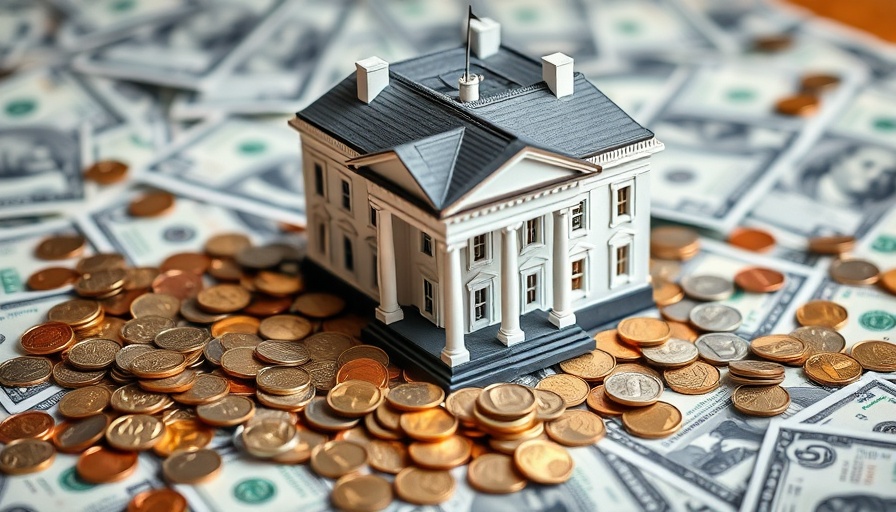 Miniature White House with coins and cash, investment theme.